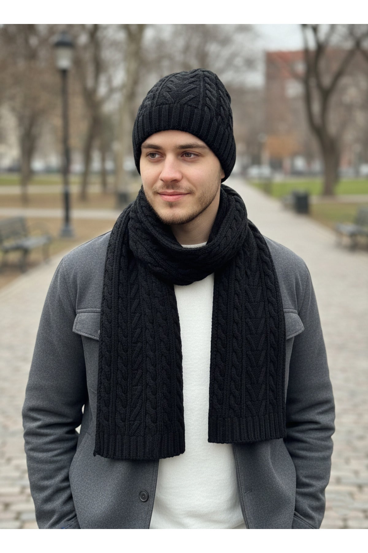 Erkek Yün Kışlık Örme Bere Atkı İkili Set Takım