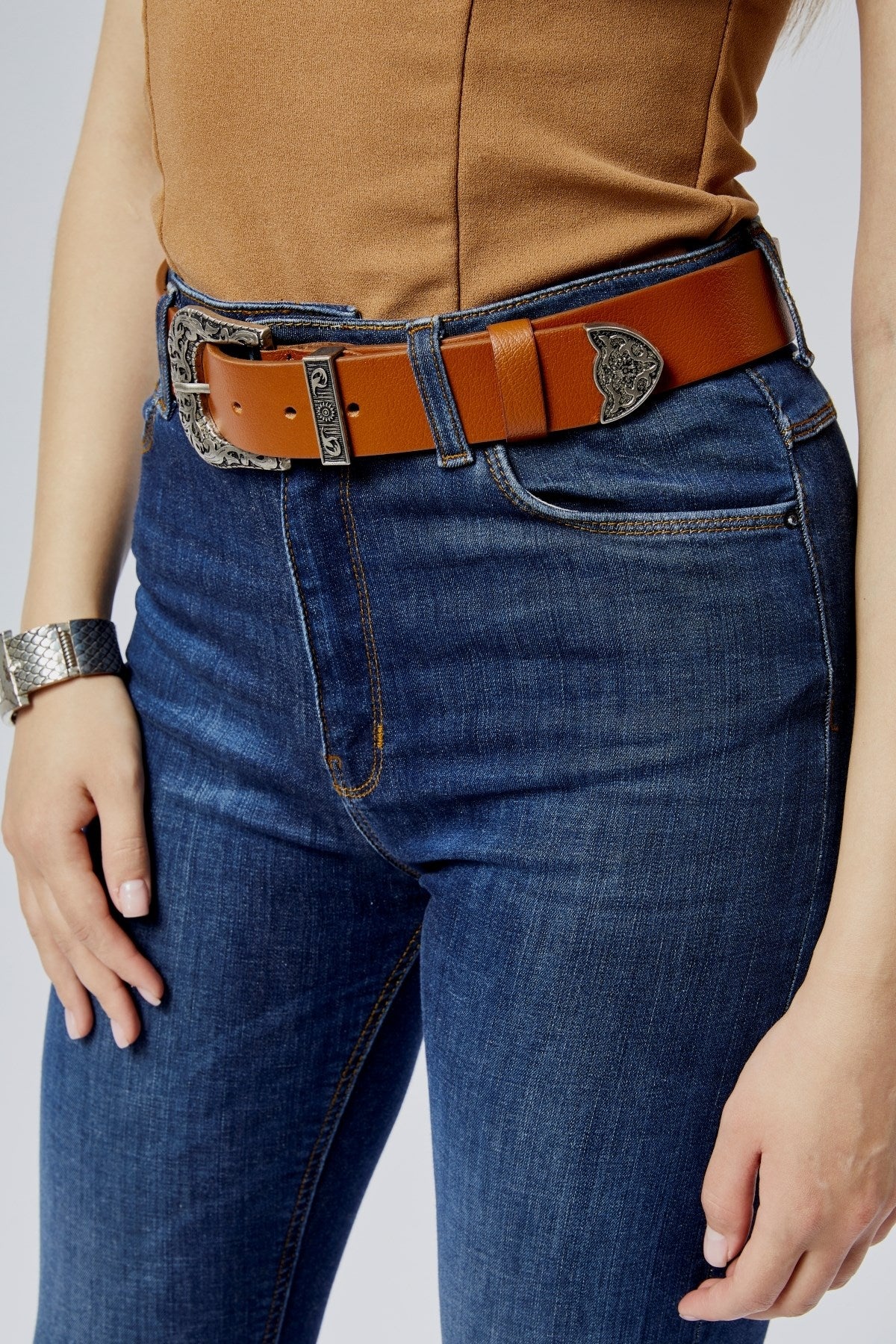 2'Li %100 Hakiki Şık Kadın Kemeri Antik Gümüş Desenli 4cm Siyah Kahverengi